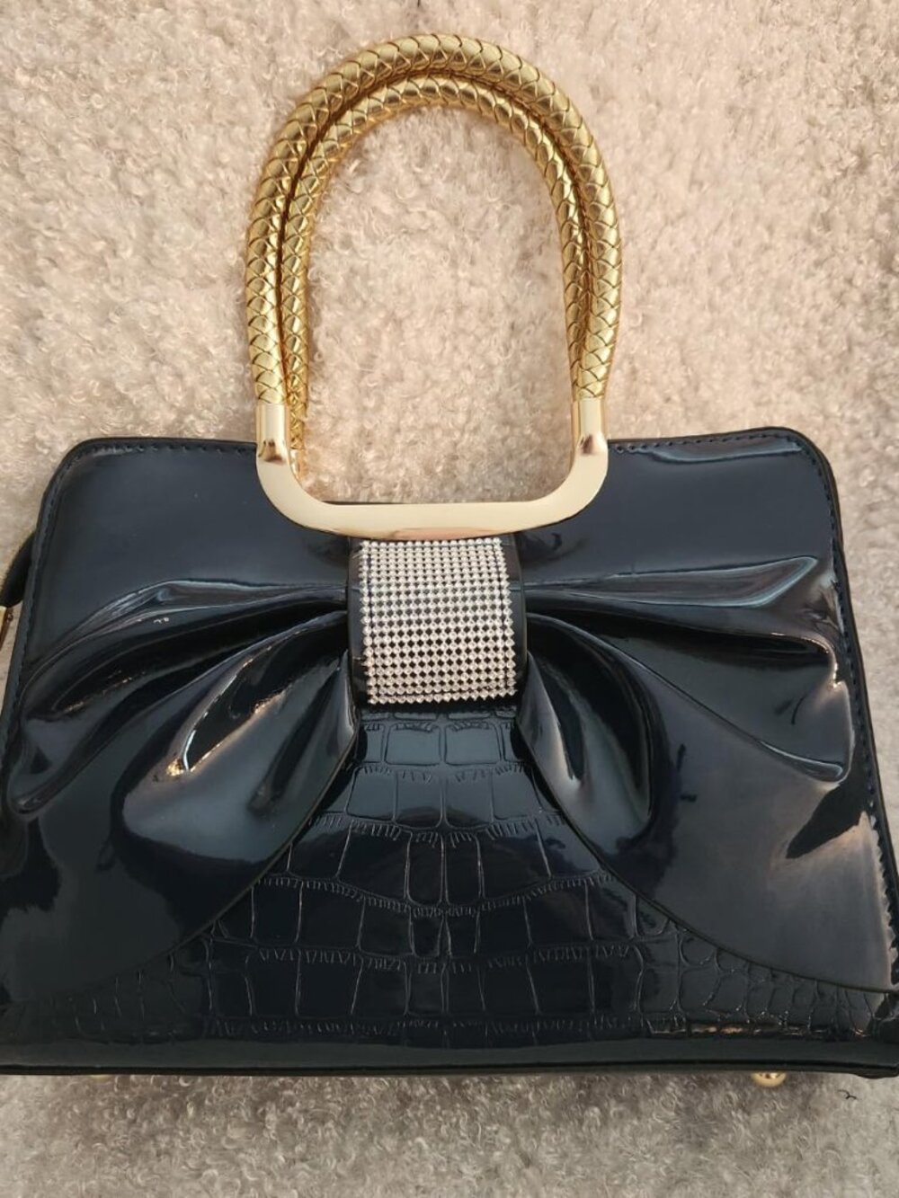 Neiman Marcus Bowtie Glossy Patent Leather Croco Embossed Handbag